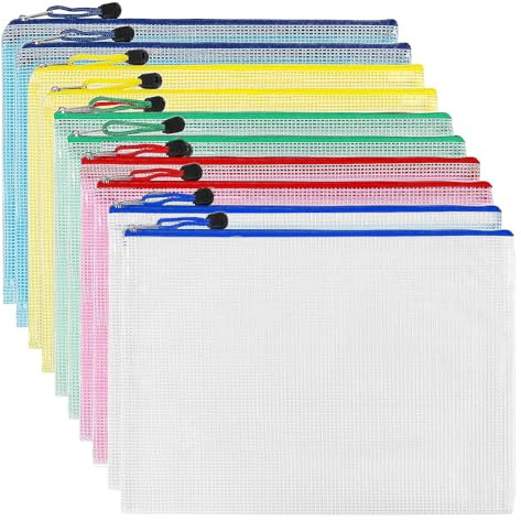 Pochette Document Zippée A3,Pochette Zippée 5 Couleurs PVC Transparentes Document Dossier,Mesh Zipper Pouch pour Voyage,pour Bureau,Voyage, Fournitures(10PCS), Vert, Jaune