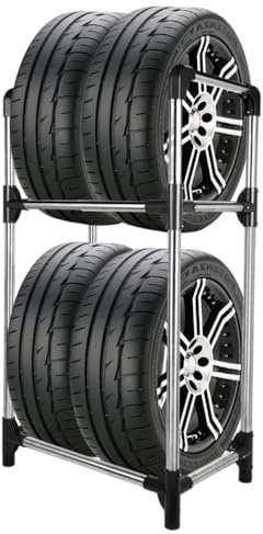 BAOYOUNI Reifenständer für 4 Reifen oder Felgen, 2 Ebenen Freistehendes Reifenregal Robust, Platzsparend Lagerregal für Garage, Keller, Werkstatt, 57,2 x 37,3 x 114,6cm, Grau+Silber