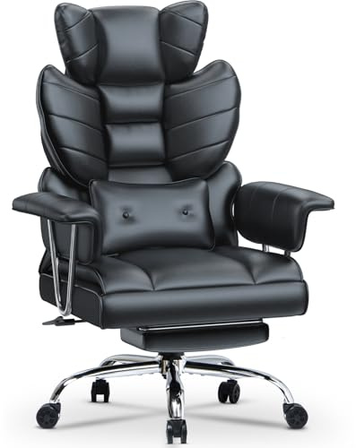 Racingreat Comfy Executive Desk Office Chair with Footrest, Big Tall Adjustable Computer Leather PU Recliner, Home Ergonomic Office Cross Legged Chair, High Back Black Heavy Duty Work Swivel Chair