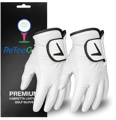 ReTee Golf | Golf Glove | Premium Cabretta Feel & Control | Reinforced Palm Durability | 2-Pack | Full Leather Cabretta AAA Grade | All-Weather Practice & Play (M/L, Left)