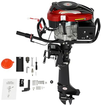 Moteur hors-bord à essence 7 CV, 196CC 4-temps, moteur hors-bord à essence, moteur de bateau à essence 3 vitesses (avant/neutre/arrière), 4500-6000 tr/min, air, 0,53 gal/h, moteur de traîne avec