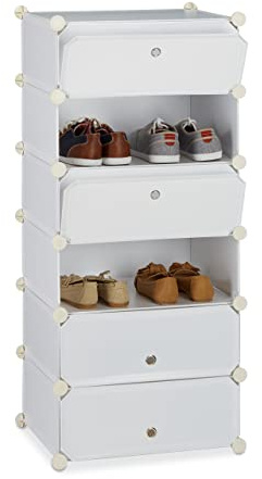 Relaxdays skoskåp i plast, stängd, hyllsystem med 6 fack, H x B x D: 107 x 49 x 37 cm, vit
