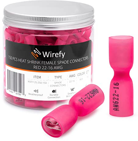 Wirefy 150 PZ Connettori Forcella Femmina - Kit Capicorda Termoretraibili - Terminali Elettrici - Rosso 0,34-1,5 mm²