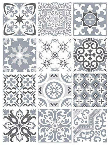 | Carrelage Autocollant | Planche de 12 Stickers Autocollants Adhesifs Carrelage - Carreaux de Ciment - GREYPASTELMONKEY - Dimensions d'un Sticker : 10 x 10 cm - Salle de Bains Cuisine Meubles ...