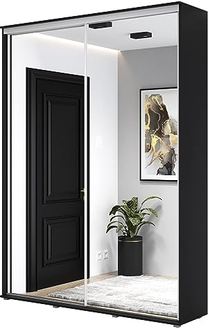 Meble Slupia Schwebetürenschrank mit Zwei Spiegeln - Schiebetüren, Kleiderstange, Einlegeboden - Schlafzimmerschrank - 140x242x45 cm, Schwarz