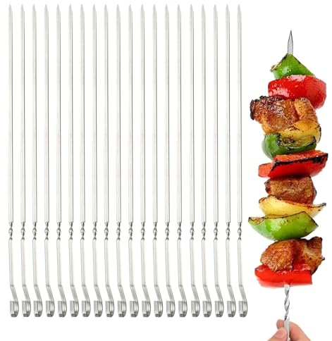 Atsmoce® 20 Pcs Spiedini per Barbecue in acciaio Inox, Spiedini BBQ Riutilizzabili in Metallo, con struttura ritorta, antiscivolo e anti-scottature, accessori per cuoci arrosticini