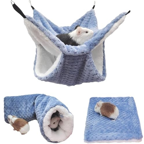 bangminda Hamaca de Animales Pequeños Hamacas de Hurón Hamaca y Túnel Colgante para Rata Hámster Cojín de Felpa para Animal Pequeño Ardilla Conejillos Cama para Animales Pequeños (Azul)