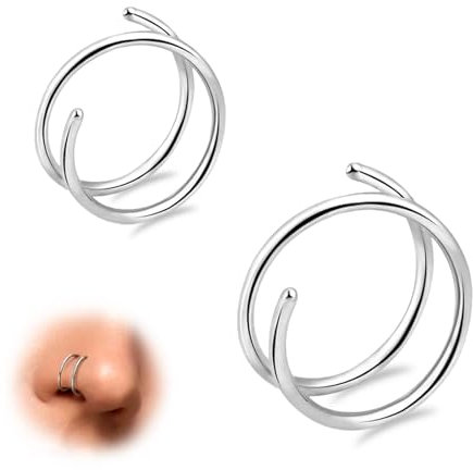 ESHIONER Double Nasenring Hoop für einzelne Piercing Spirale Nase Ringe Piercing Schmuck Dünn Klein 20 Gauge Hypoallergen 8MM/10MM 2PCS Silber Twist Nasenpiercing Ring für Damen G23 Titan