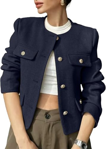 Blazer en Tweed pour Femme col Rond Bouton Slim Veste Formelle décontractée à Manches Longues Mode Tendance Affaires élégante Veste légère à Boutonnage Simple (Bleu Marine,L)