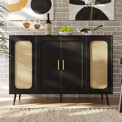Merax Sideboard Kommode mit 4 Schränken, Buffetschrank mit viel Stauraum, Verstellbares Ablage, Rattan-Holzschränke, Landhausstil, Anrichte für Schlafzimmer, Wohnzimmer, Esszimmer, Schwarz, 120cm