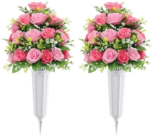U'Artlines 2Pcs Artificial Cemetery Flowers with Vase for Grave, Silk Memorial Day Rose Flowers Bouquet Outdoor Grave Flowers for Grave Vase Cemetery Graveyard Headstones (Pink)