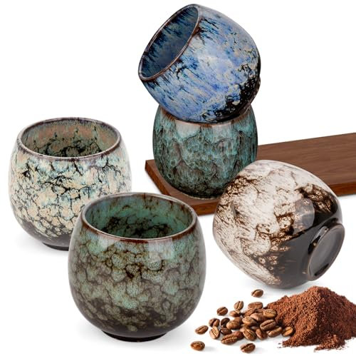 POFIBO Juego de Tazas de Café Espresso – 5 Piezas de Cerámica – 100ml Pequeña Taza de Té – Juego de Tazas Cafe Espresso – Sin Asa – Tazas de Café de Cerámica Gruesa Set Regalos para Mujeres Hombres