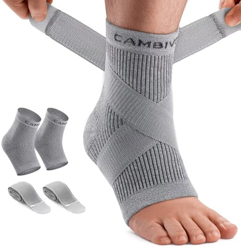 CAMBIVO 2-Pack Ankle Support, Ankle Brace with Adjustable Strap, Grey, M | Compression Sleeve Socks for Sprained Ankle, Achilles Tendonitis & Plantar Fasciitis Support, Ligament Damage Relief