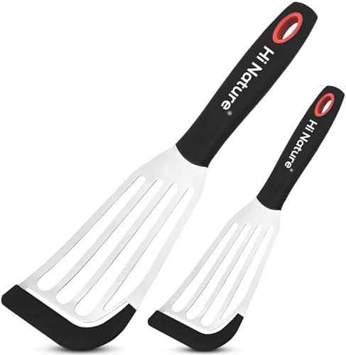 Hi Nature Rostfritt stål stekspade set 2 delar grillspade rostfritt stål med silikonkant värmebeständig och diskmaskinssäker fiskspatel för grill kök BPA-fri
