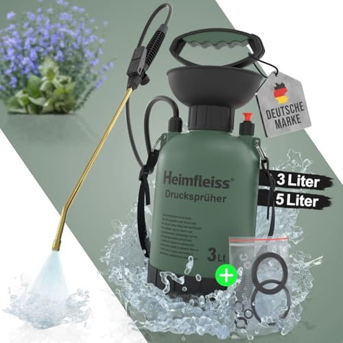 Heimfleiss® Drucksprüher 3L | Sprühflasche Pflanzen 3 Liter | Pumpsprühflasche Garten & Auto | Gartenspritze Drucksprühgerät 3L | Pump Spritzflasche Rückenspritze Pflanzensprüher für kleinere Gärten