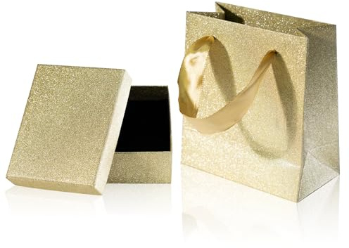 Small Gift Box and Gift Bag | 9x7x3cm Jewellery Gift Box and 12x11x 6cm Gift Bag | Bracelet Earring Ring Necklace Box with Lid for Presents (Glitter Gold)