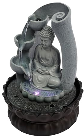 TFGXUE Fuente de mesa, diseño de Buda, símbolo de la suerte, decoración de la habitación, Feng Shui, fuente con luz LED, 21 x 28 cm, color gris