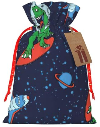 Divertidas bolsas de regalo de Navidad con cordón y estampado de cohete de dinosaurio astronauta, saco festivo de Navidad, fiesta de cumpleaños, embalaje de regalo