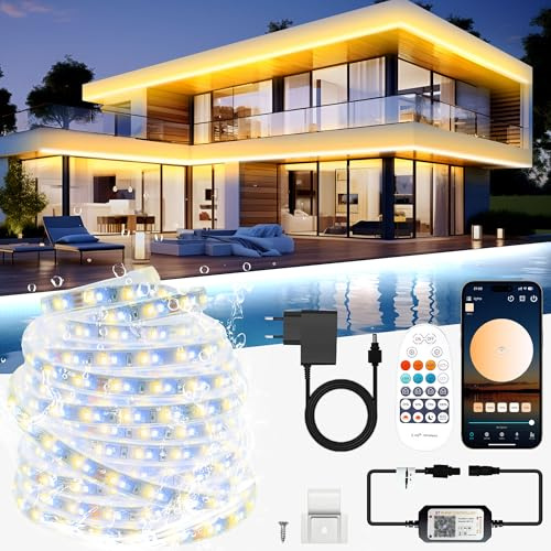 LED-strimlor för Utomhus, Vattenfasta IP67 Dimmbara 3000K–6500K, Varmvita LED-trådsljus Vattenfasta med fjärrkontroll & APP, 24V Limfasta Utomhusbelysning för Altan, Däck, Altanlounge (35M)