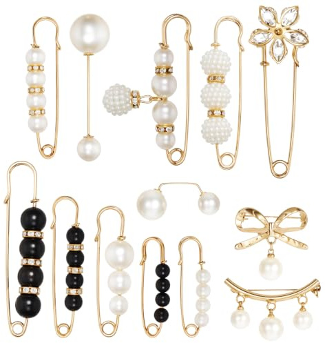 Tyqour 13 Pieces Pearl Crystal Brooch Safety Pins, Pant Waist Tightener Pins Pearl Brooch Button Pin for Clothes Sweater Shawl Collar Dress Cardigan Shirt Jeans Accessories for Women Girls