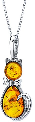 PEORA Genuine Baltic Amber Cat Pendant Necklace for Women Sterling Silver, Rich Cognac Color, with 18 inch Chain, Real Baltic Amber Necklace for Adults, 100% Natural from Baltic Region