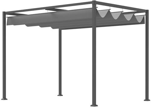 Outsunny Gazebo Pergola 3x2 m con Tettuccio Retrattile, Fori di Drenaggio, Picchetti e Viti, Pergolato da Giardino in Poliestere e Metallo, per Patio, Terrazzo, Esterno, Grigio