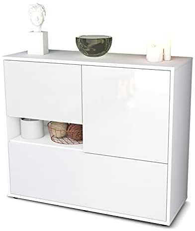 Stil.Zeit Kommode Sideboard, Alfred, Korpus Weiss matt, Front Hochglanz Design Weiß, (92x79x35cm), Push to Open Technik & Leichtlaufschienen