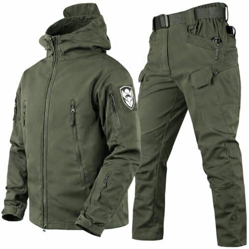 Men's Tactical Softshell Suit, Water Resistant Fleece Jacket & Trousers Set | Fleece Lined, Windproof Shell, Multi-Pocket Storage, for Airsoft Hunting Fishing Hiking Camping Outdoor Work