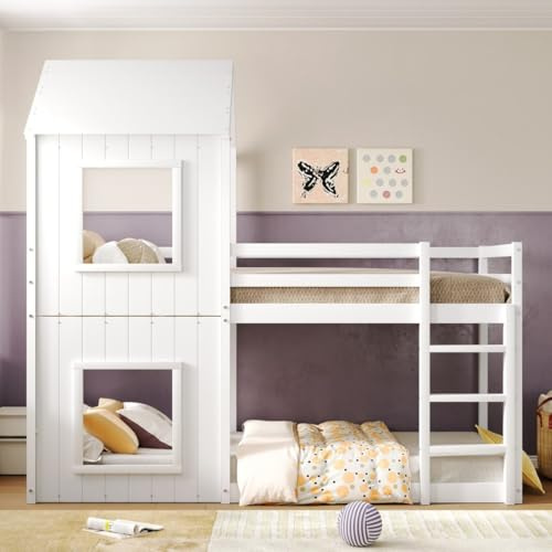 Sweiko Lit superposé 90 * 200 cm,Cadre de lit pour Enfants en Forme de Maison avec échelle et baldaquin(Blanc)