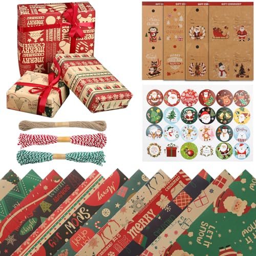 Surflyee 12 Hojas Papel de Regalo Navidad, Papel para Envolver Regalos Navidad con 3x10M Cordel, 16 Etiquetas y 24 Pegatinas Navideñas