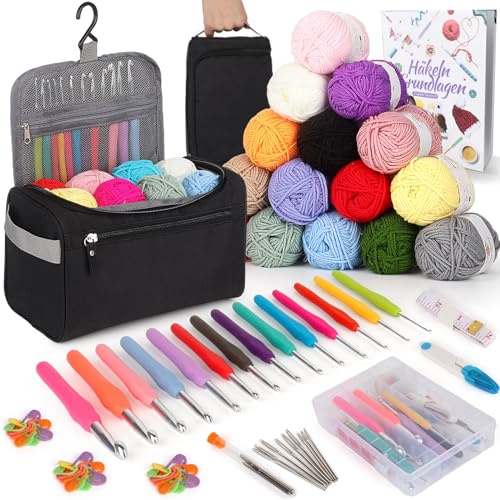 Coopay Set di 73 pezzi per principianti di uncinetto, set di uncinetti portatile con 15 lana, borsa, accessori per uncinetto, uncinetti ergonomici da 2,0-10 mm con manico lungo e morbido, pratico set