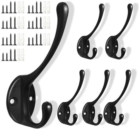 6 Piezas Ganchos Percheros de Pared Vintage de metal Gancho para Ropa Ganchos Percheros Percha Negro Ganchos Dobles de Metal con 28 Tornillos Disponible Para Cocina,Baño Probador Dormitorio-Negro