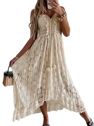 Cupshe - Robe d'été sans manches en dentelle, décontractée, à pompons et bretelles spaghetti, pour femme, beige, XX-Large