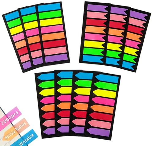Xcdhemde Haftstreifen 2000 Stück, Haftnotizen, Sticky Notes Schreibbar, Seitenmarker Repositionierbar, Klebezettel, Haftmarker Plastik, Page Marker zum Lesen Markieren DIY [3 Designs, 8 Farben]