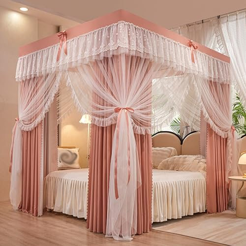 Himmelsäng Gardiner, Sänggardiner Elegant Style Princess 4 Hörnstolpsäng Enfärgad Säng Himmelsäng Gardin Dubbellagers Gardin for full/queen/king size-säng, integritetsskydd(Pink,Double)