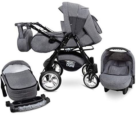GaGaDumi Urbano Set completo passeggino 3 in 1 con seggiolino auto - TÜV - Set completo passeggino combinato pneumatici in gomma - grigio jeans