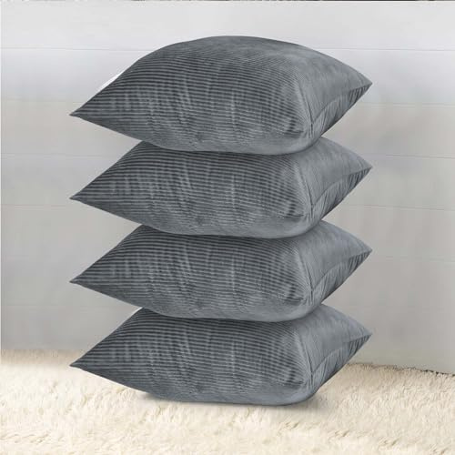 BedLooms Cushions with Covers Included 45 x 45 Cm Set of 8 Pcs (4 Grey Cushion Covers, 4 Cushion Inserts) Striped Velvet Square Throw Pillows Decorative Sofa Cushion with Invisible Zipper,18x18 Inch