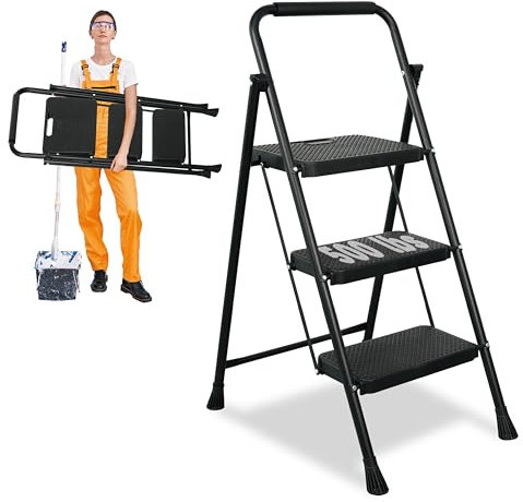 Step Ladder, Folding Step Stool with Wide Anti-Slip Pedals, Sturdy Steel Ladder with Handrail, Space-Saving, Portable for Home & Adults, 3 Step Ladder
