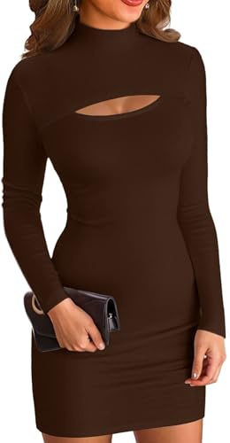 ELFIN Abito da Donna Bodycon a Coste a Maniche Lunghe Jersey con Colletto Alto per Feste Maglia Lunga Club Mini Abito Tinta Unita caffè Scuro, S