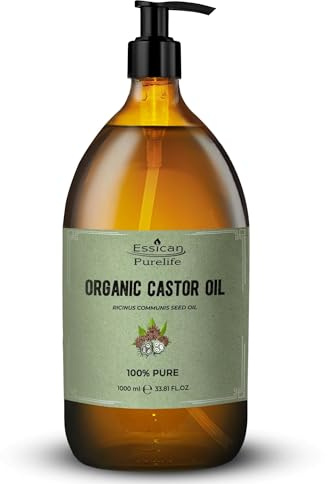 Essican Purelife Castor Oil Organic Hexane Free Glass Bottle with Pump 1000ml (Pack of 1) - Pure Organic Castor Oil Cold Pressed Natural for Healthy Skin Face Body Eyelashes Brow Hair Growth Vitamin E