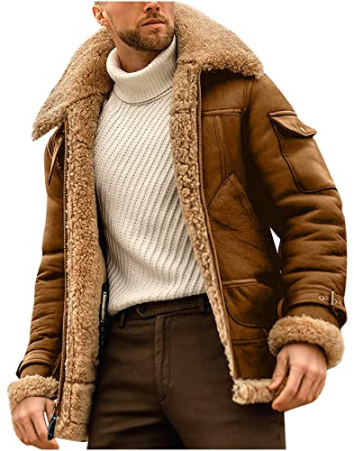 Fleece Coats for Men UK Sale Clearance Winter Warm Sherpa Lined Jacket Suede Leather Trucker Jackets Sheepskin Trench Coat Thicken Plush Overcoat Motorcycle Cargo Biker Outerwear Fuzzy Fluffy Coat