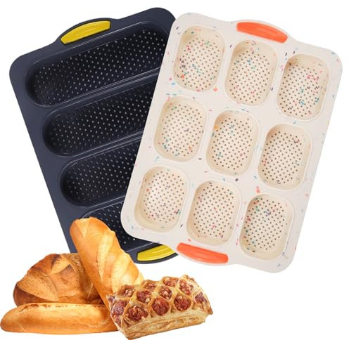 Holzsammlung 2 Pièces Silicone Moulle à Baguette, Moule Perforé Antiadhésif, Plateau à Baguette 4 Grilles, Mini Baguette Plaque à Pâtisserie 9 Grilles, Moule à Pain en Maille Souple Réutilisable