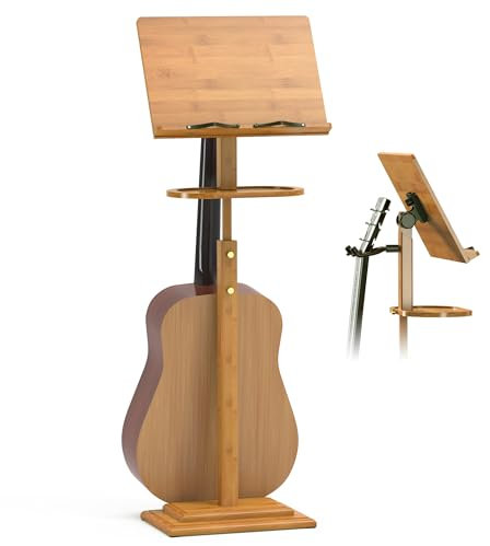Music Stand for Sheet Music - Bamboo Folding Sheet Music Stands With Tray Guitar Clip, Wooden Sheet Music Organizer Height Adjustable 39.37''-51.2'' for Conductor Lectern Violin Piano Ukulele Players (Natural, Tray + Guitar Clip)
