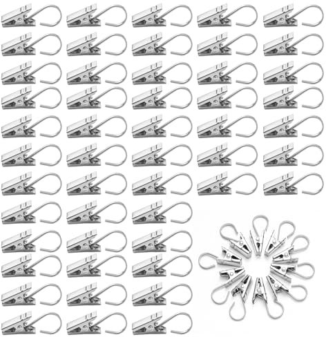 60PCS Heavy Duty Stainless Steel Curtain Clips with Hooks | Rustproof & Strong | Easy Installation | Versatile Home Decor | Smooth Gliding | Shower Curtains, Lights, Photo Clips
