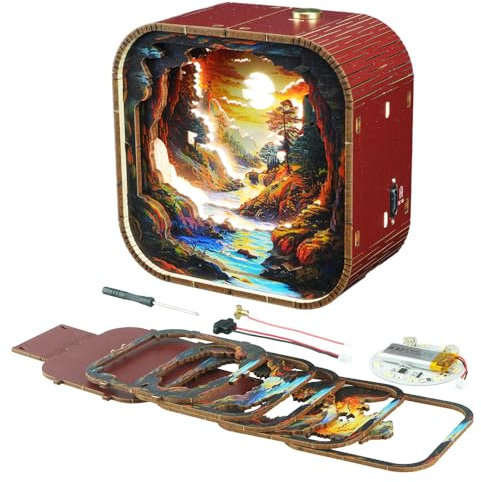 Monsing 3D Holzpuzzle Nachtlicht Bausätze, DIY LED Leuchten, batteriebetriebene Lampen, dimmbar, wiederaufladbar, für Kinderzimmer, Schlafzimmer, Babyzimmer, Geschenke, Raumdekoration(Sunset Valley)