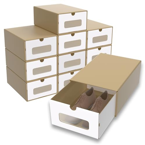 Suusolny Schuhbox mit Sichtfenster & Schublade 10er Boxen-Set Aufbewahrungsbox Braun Schuhkiste Schuhschachtel Schuhkarton aus Kraftpapier Ordnungsboxen Stapelbar aus Pappe - 34.5x23x13.5cm