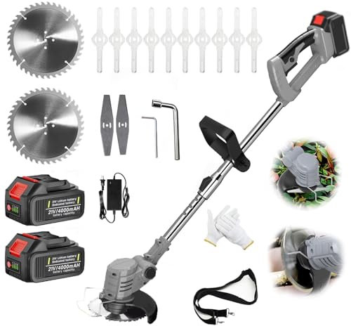 21V Akku Rasentrimmer mit Akku Freischneider Elektrischer 3-In-1 Akku Motorsense Rasentrimmer Mit 2 Batterien, Elektro-Trimmer Garten Rasen Unkraut Trimmer für Garten, Hof