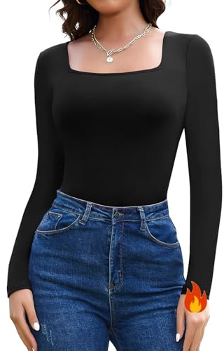 SHAPERIN Långärmad topp för kvinnor med rund hals ledig t-shirt bodycon top termisk bodysuit, Fyrkantig krage-svart, S