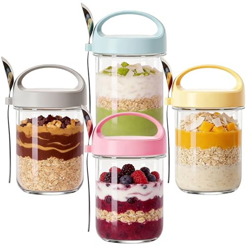 NBOUOU 4 Pcs 14oz Overnight Oats Jar Container with Lid and Spoon, Large Capacity Glass Mason Jars with Lids Yogurt Pot, Porridge Pots, Jars for Overnight Oats Salads Cereal Milk Fruit