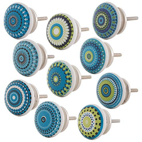 Knober Set 10 Stück Möbelknöpf Keramik Mandala Energy Shabby-Chic Schrankknöpfe Türgriff (3. Blaues Set 10 Stück)